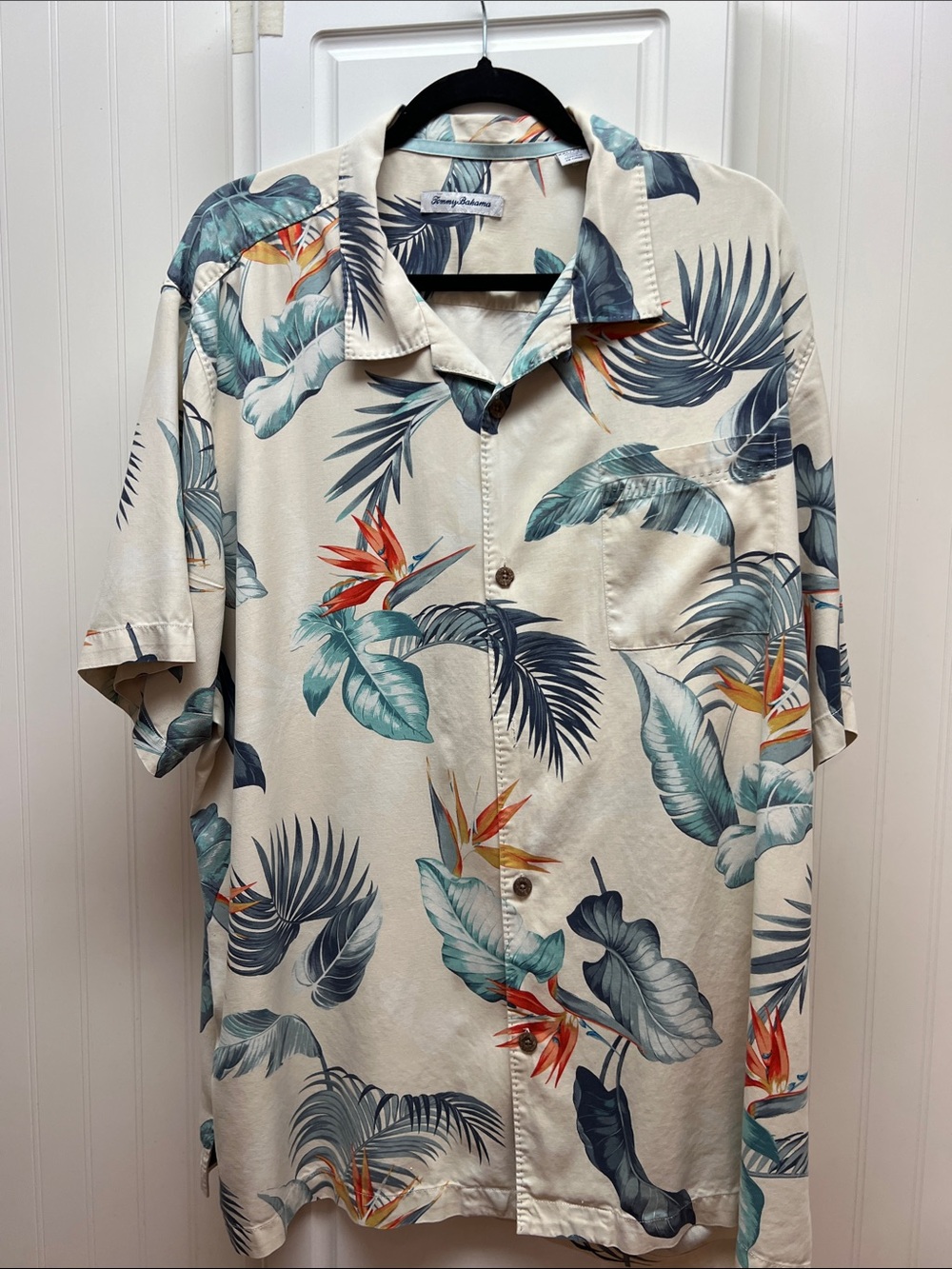 Tommy Bahama Cream Tropical Floral Camp Shirt with Blue and Green Leaves